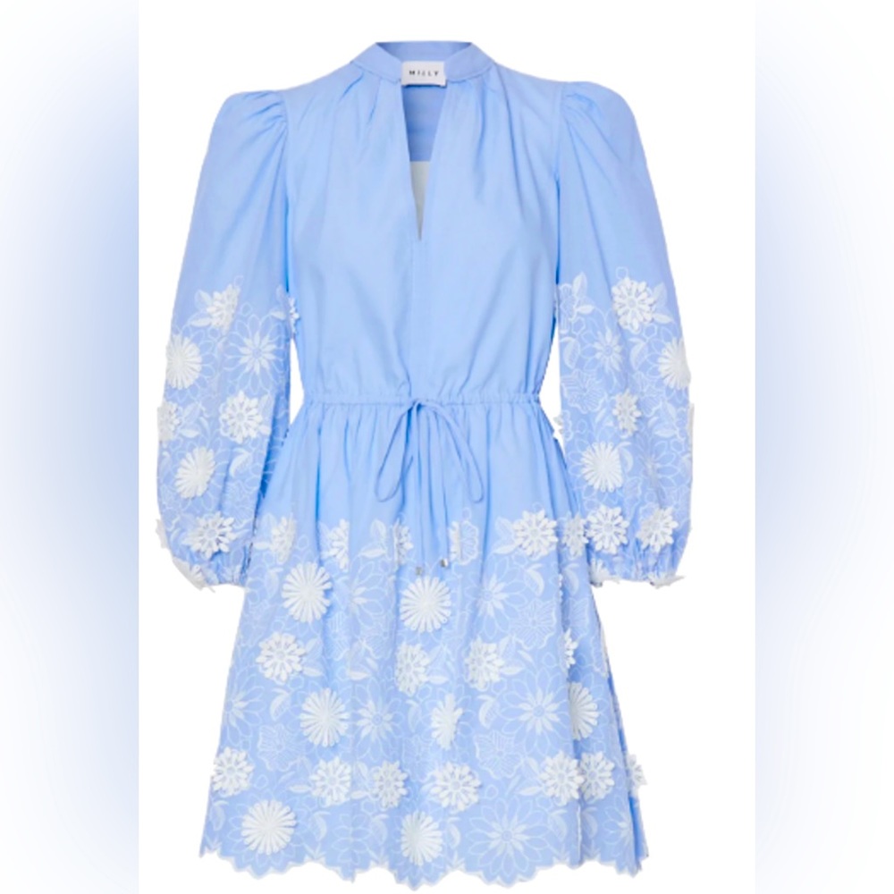 Milly Blue Floral Embroidered Tie-Waist Dress